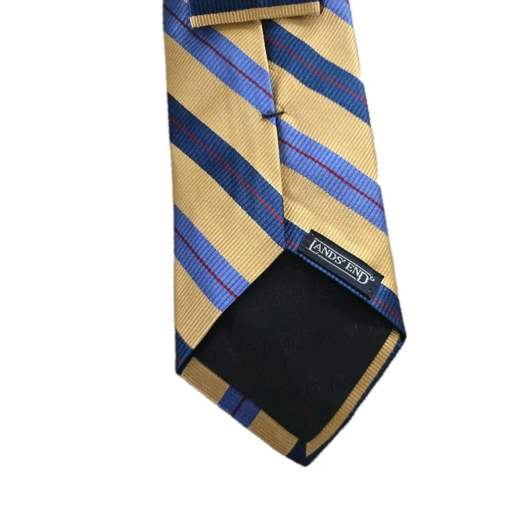 Landsend Men Necktie Yellow & Blue Striped‎ 100% Silk Classic Preppy Formal Tie